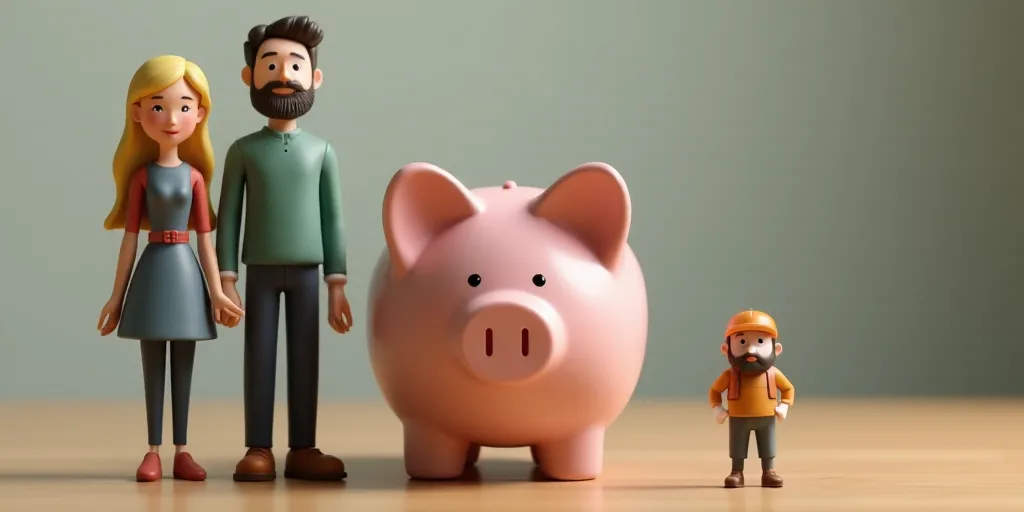 a couple standing next to a piggy bank on a table with a miniature figure of a man and woman, Clovis