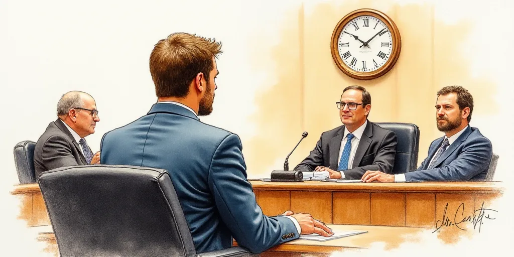 a courtroom drawing of a man sitting in front of a judge and two other men behind him, with a clock