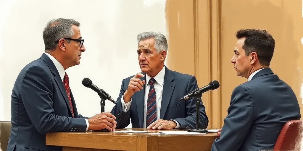 a courtroom drawing of three men in suits and ties, one of them is speaking into a microphone and th