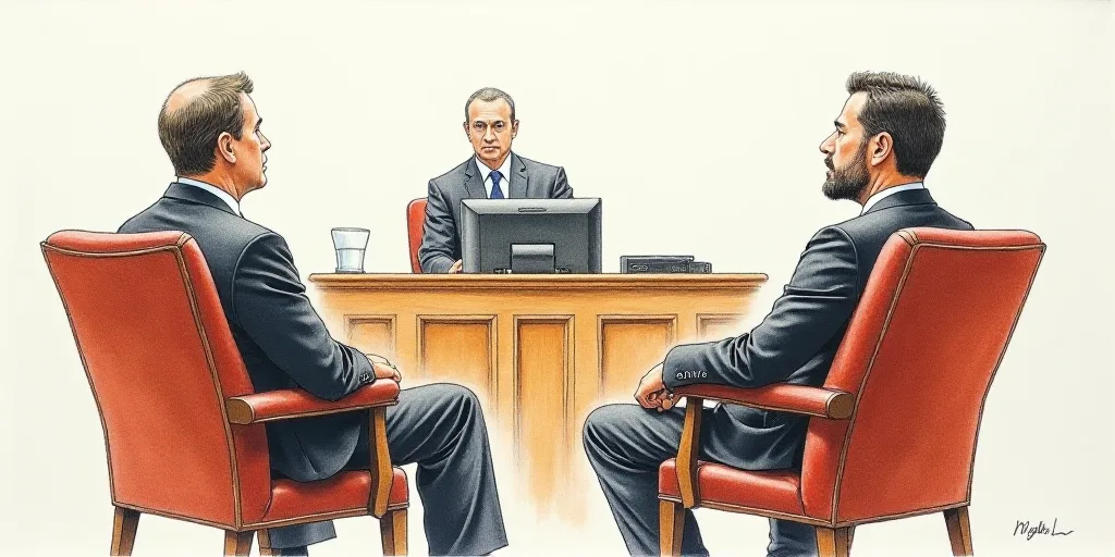 a courtroom drawing of two men sitting in chairs and one standing in front of a desk with a monitor,