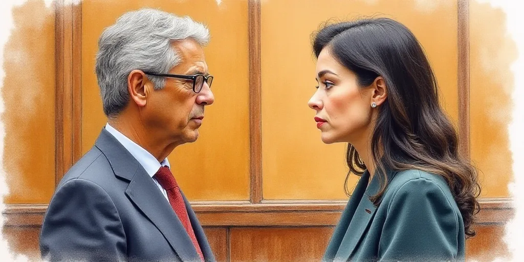 a courtroom sketch of a woman and a man facing each other in a courtroom setting with a brown wall,