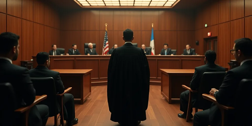 a courtroom with a judge and his court members in the courtroom, and a judge standing at the front o