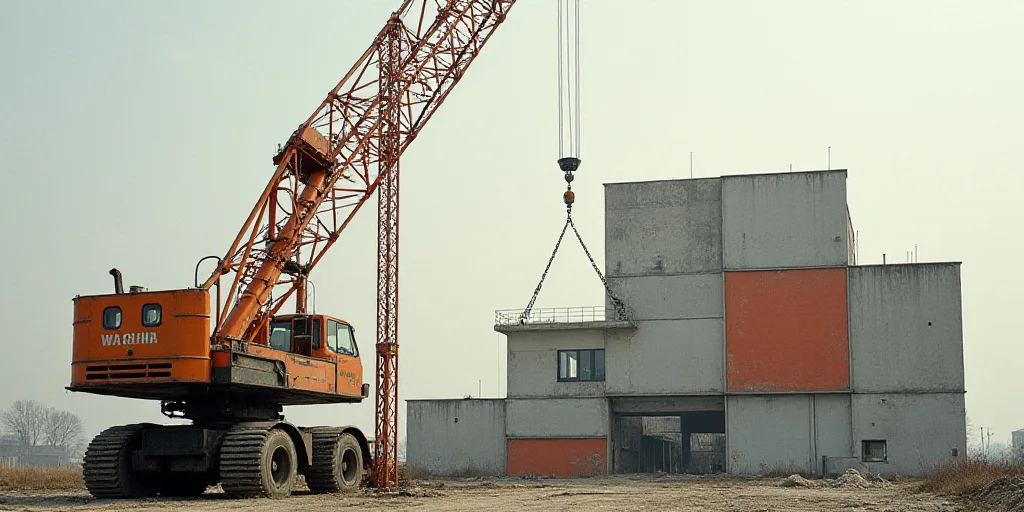 a crane is lifting a building into place with a crane on it's back end and a building in the backgro