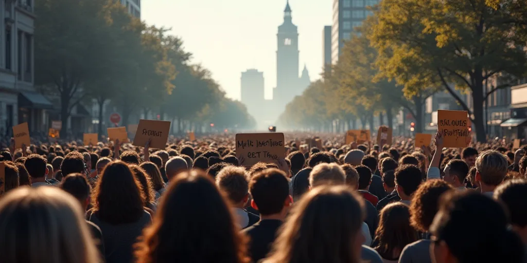 a crowd of people holding signs and protesting in a city street with a crowd of people holding signs