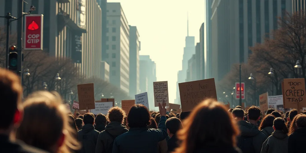 a crowd of people holding signs and protesting in a city street with a crowd of people holding signs