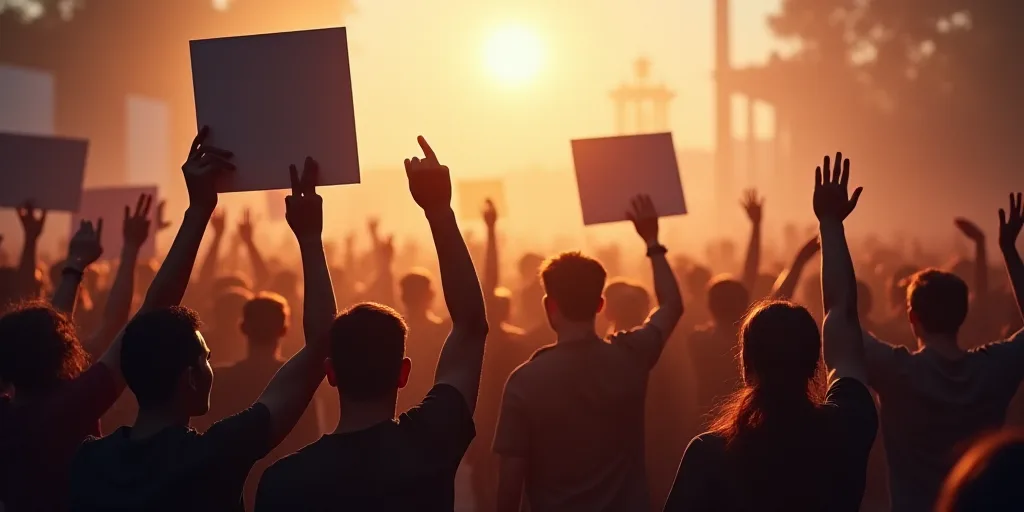 a crowd of people holding up signs and holding hands up in the air with their hands up in the air, A