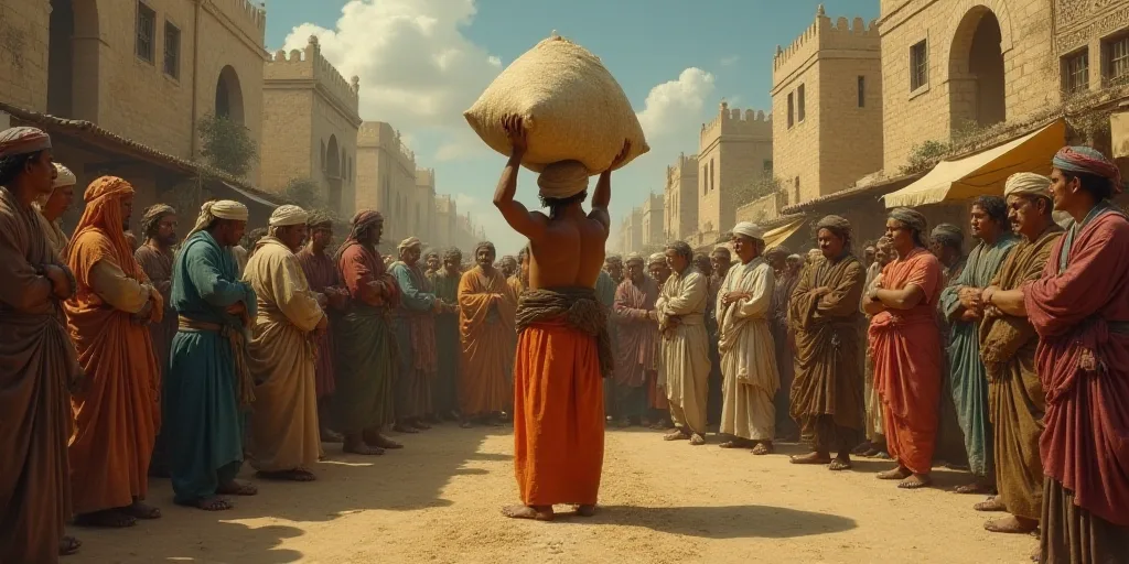 a crowd of people standing around each other in a city street with a large bag of sand on their head