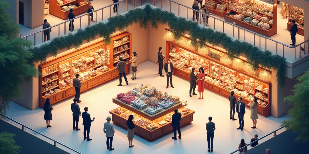 a crowd of people standing around a store filled with lots of items and decorations on display in a