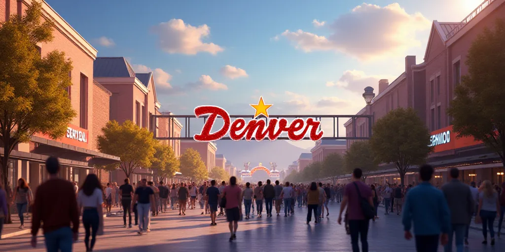 a crowd of people walking around a convention hall with a sign in the background that says denver on