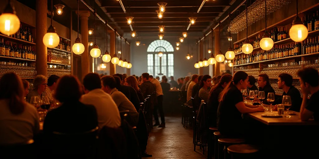 a crowded bar with many people sitting at tables and drinking wine and wine glasses on the shelves a