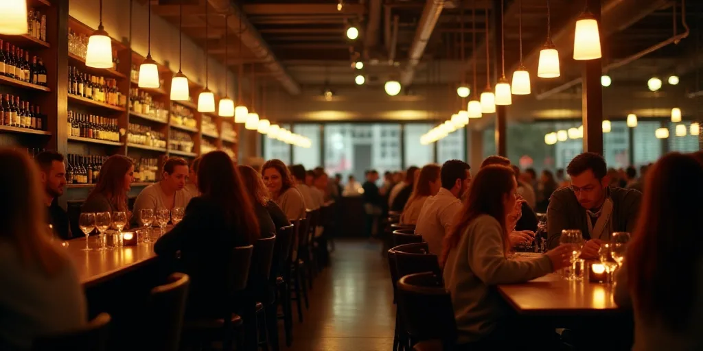 a crowded bar with many people sitting at tables and drinking wine and wine glasses on the shelves a