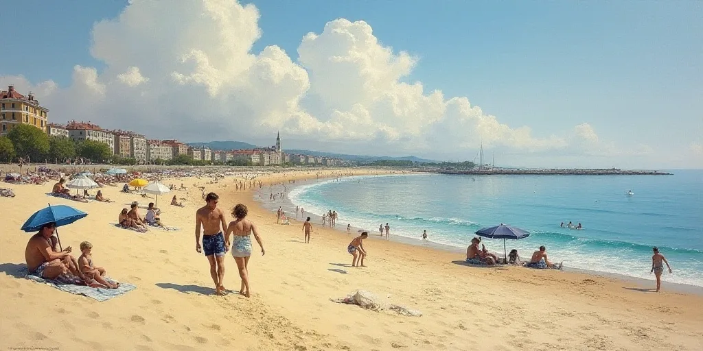 a crowded beach with people walking and sitting on the sand and umbrellas in the water and buildings