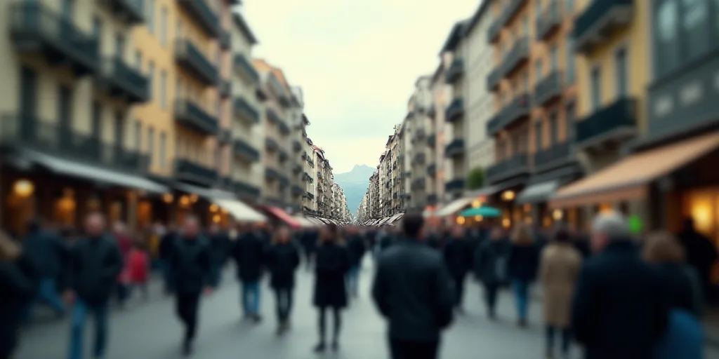 a crowded city street with people walking and walking on it's sides and buildings in the background,