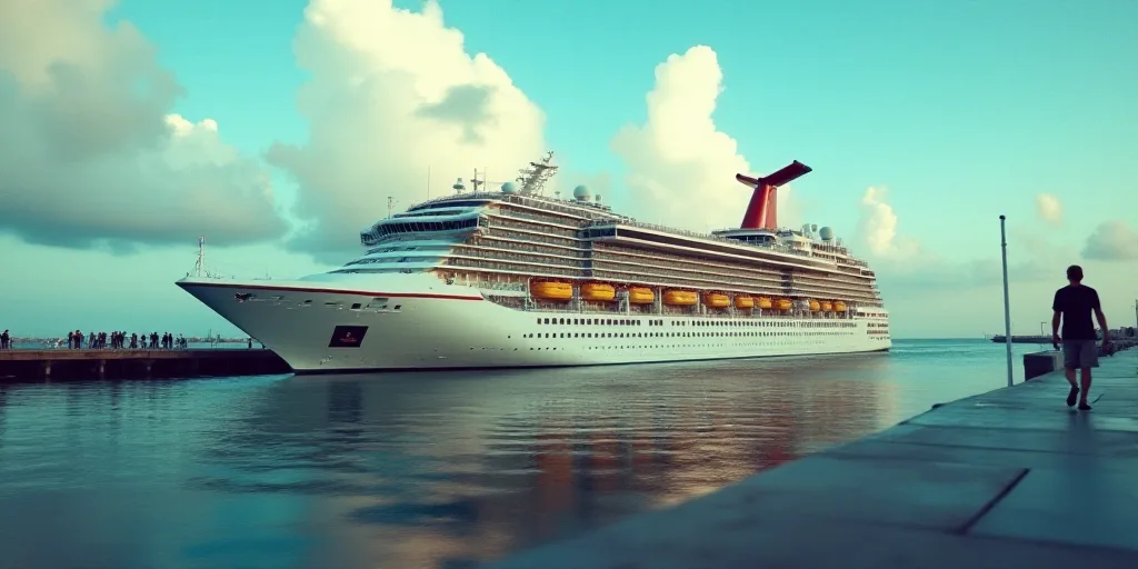 a cruise ship docked at a pier with people walking on the pier and a man walking on the pier, Conroy