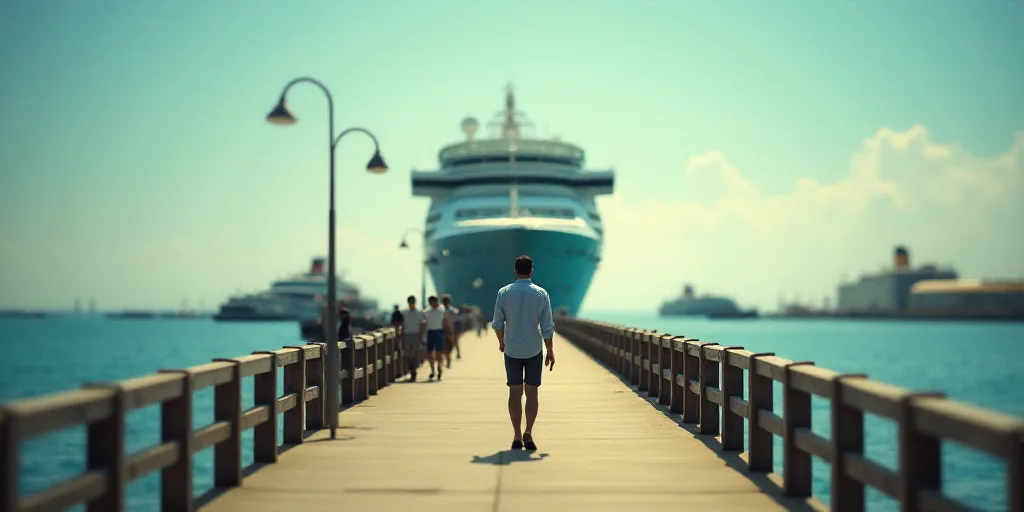 a cruise ship docked at a pier with people walking on the pier and a man walking on the pier, Conroy