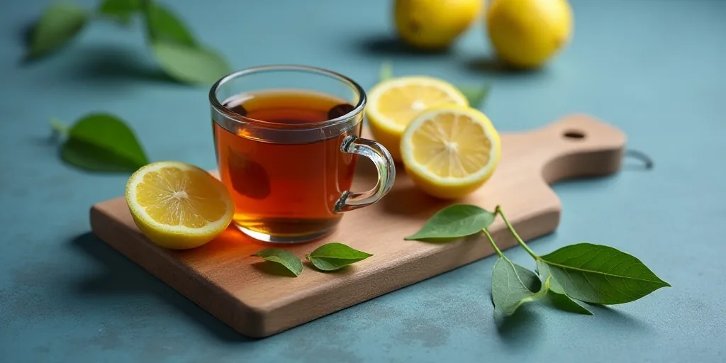 a cup of tea with lemons and a lemon on a cutting board on a blue table with leaves, Eric Peterson,