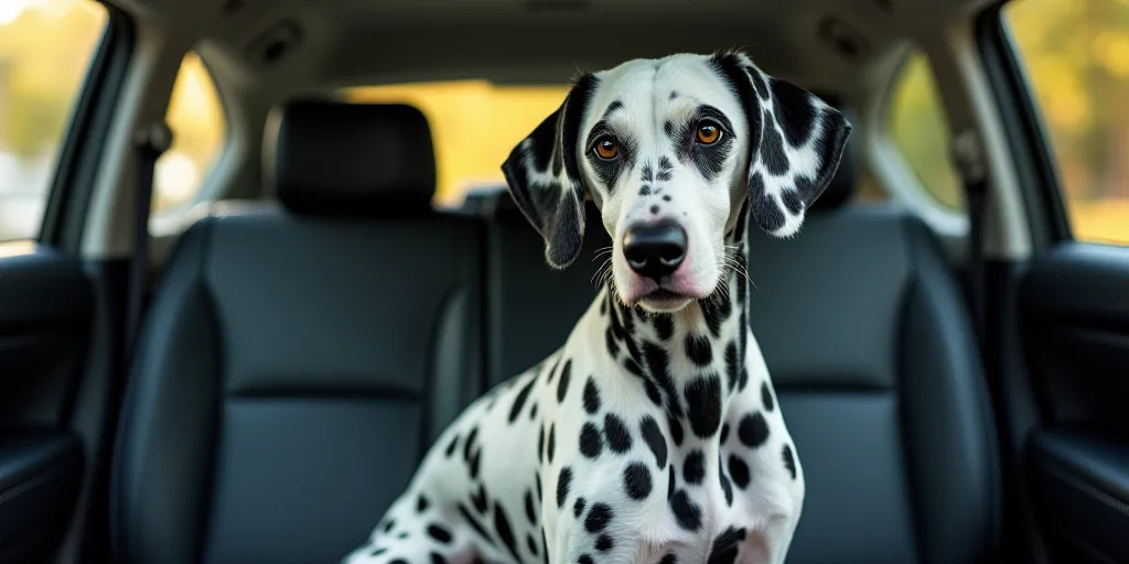 a dalmatian dog sitting in the back of a car seat with a black and white dog on it, Elke Vogelsang,