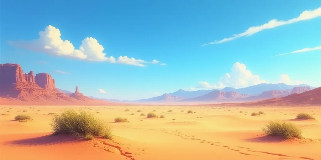 a desert with a few bushes and mountains in the background and a blue sky in the foreground with a f