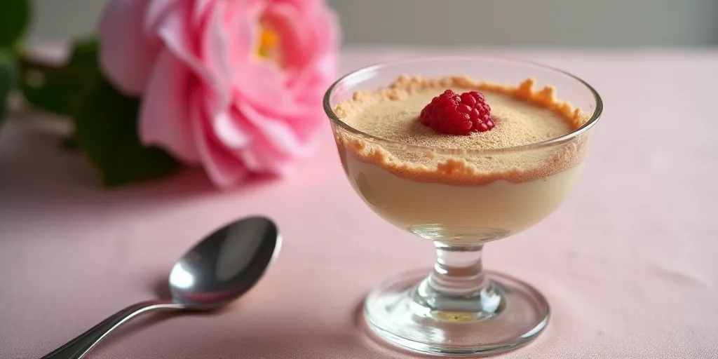 a dessert in a glass with a spoon and a flower in the background with a spoon in the foreground, Ale