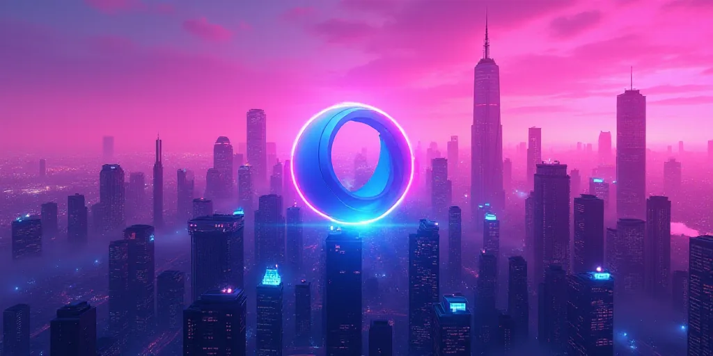 a digital image of a city with a blue and pink logo on it and a pink and purple background, Eddie Me
