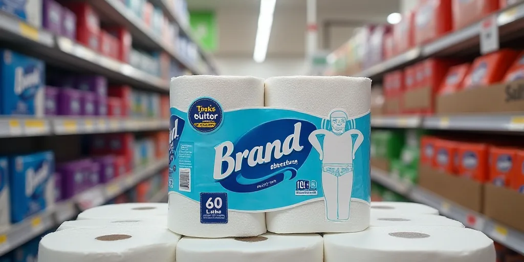 a display of brand brand toilet paper in a store aisle with other products on the shelves behind it