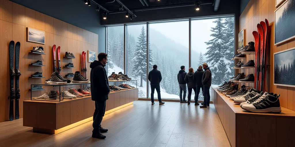 a display of shoes and skis in a store with people looking at them in the background and a man stand