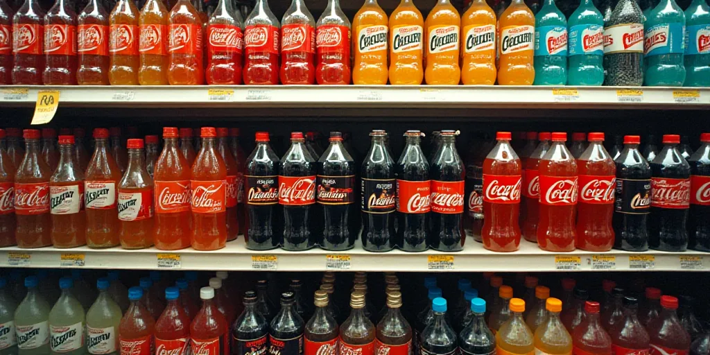 a display of soft drinks in a store aisle with a variety of colors and flavors on the shelves of the