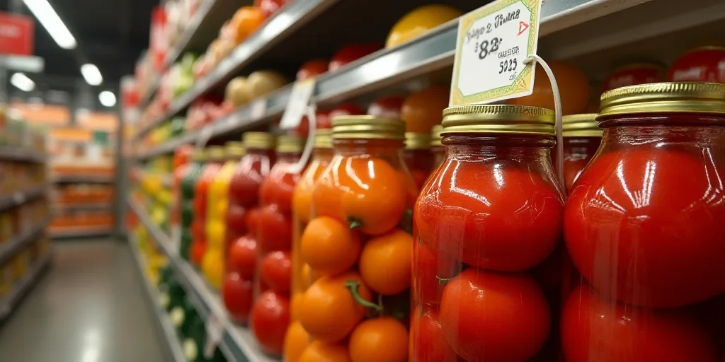 a display of tomatoes and other fruits in a store aisle with a price tag on the top of the jar, Anne