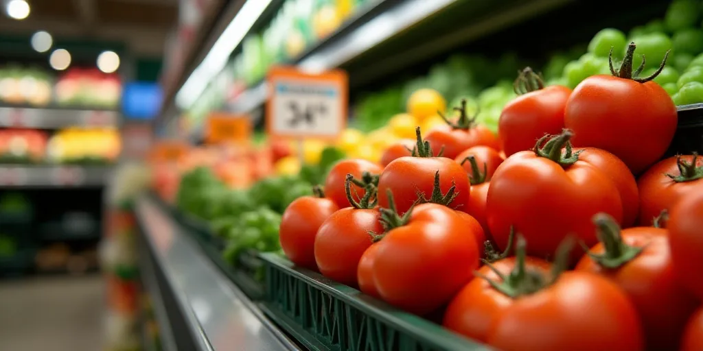 a display of tomatoes and other produce in a grocery store with a new lower price sign on the basket