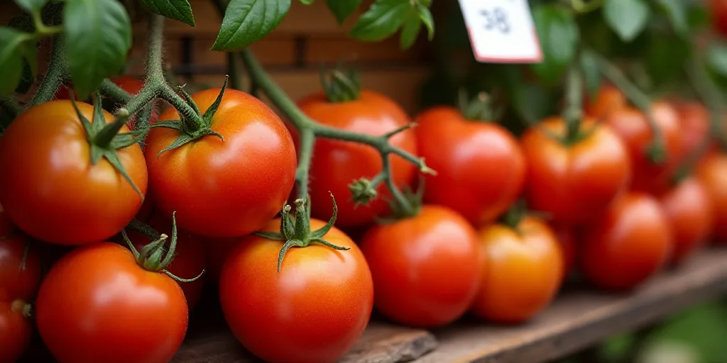 a display of tomatoes on the vine for sale at a store in the uk, with a price tag, Anne Rigney, vine