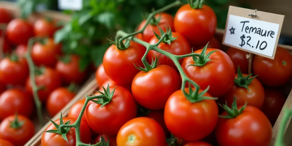 a display of tomatoes on the vine for sale at a store in the uk, with a price tag, Anne Rigney, vine