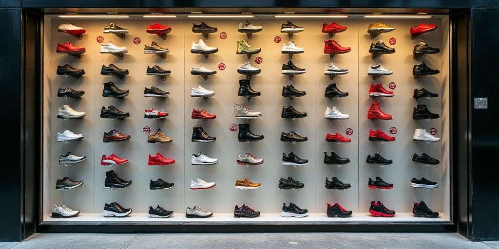 a display of various shoes on a wall in a store window with price signs on them and a display of the