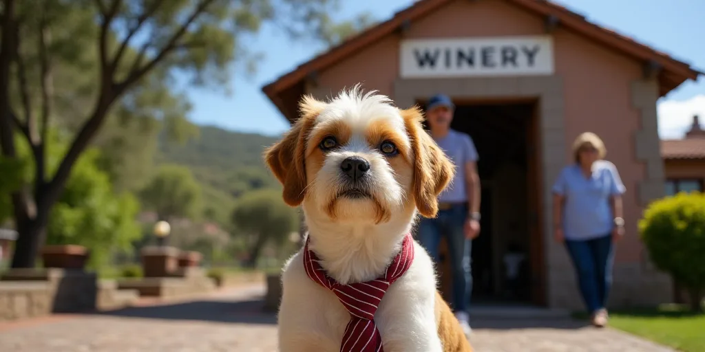 a dog wearing a tie and sitting in front of a sign for a winery with a man and woman, Federico Uribe