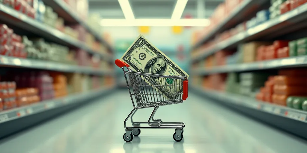 a dollar bill in a shopping cart and a shopping cart with a dollar bill in it in a grocery store, Do