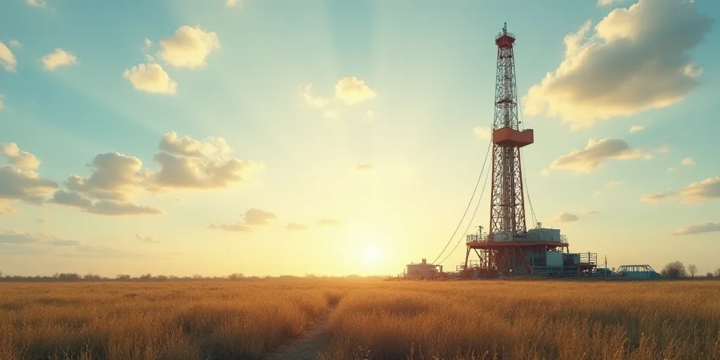 a drilling rig is shown in the middle of a field with a sky background and clouds in the background,