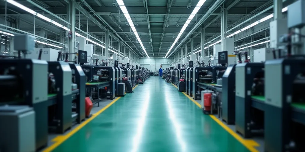 a factory with a conveyor belt and machines in it's center area and a conveyor belt in the backgroun
