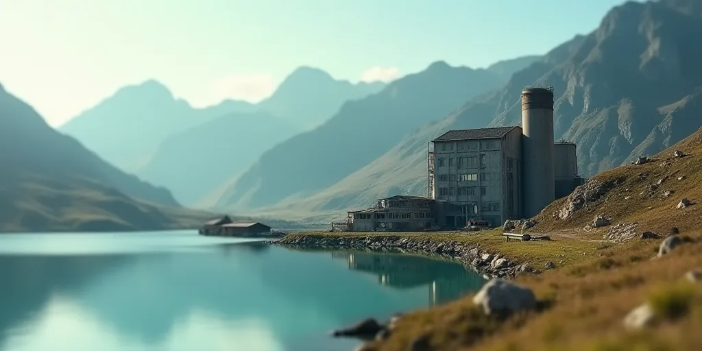 a factory with a large pipe sticking out of it's side next to a lake and mountains in the background