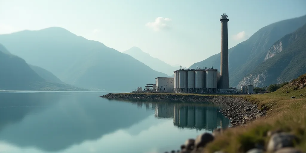 a factory with a large pipe sticking out of it's side next to a lake and mountains in the background