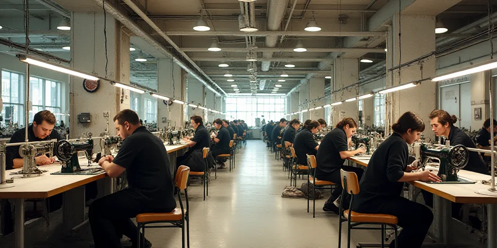a factory with a lot of people working on sewing machines and clothes on tables and chairs in front