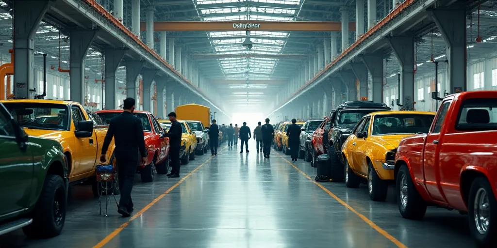 a factory with a lot of vehicles and people working on them and some men working on the machines and