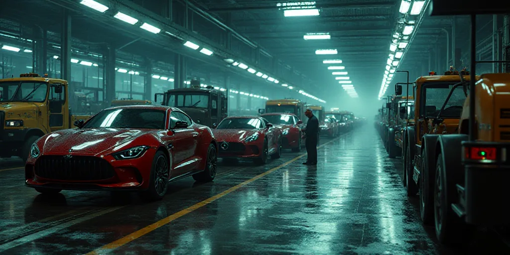 a factory with cars on assembly line and workers working on the assembly line and trucks on the asse