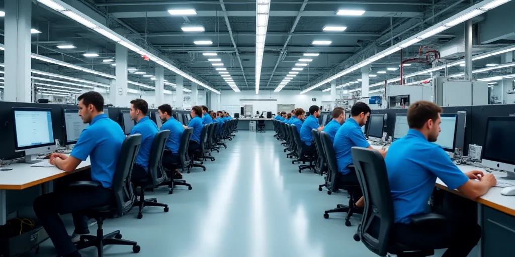 a factory with workers in blue shirts and a lot of desks and chairs with computers on them and peopl