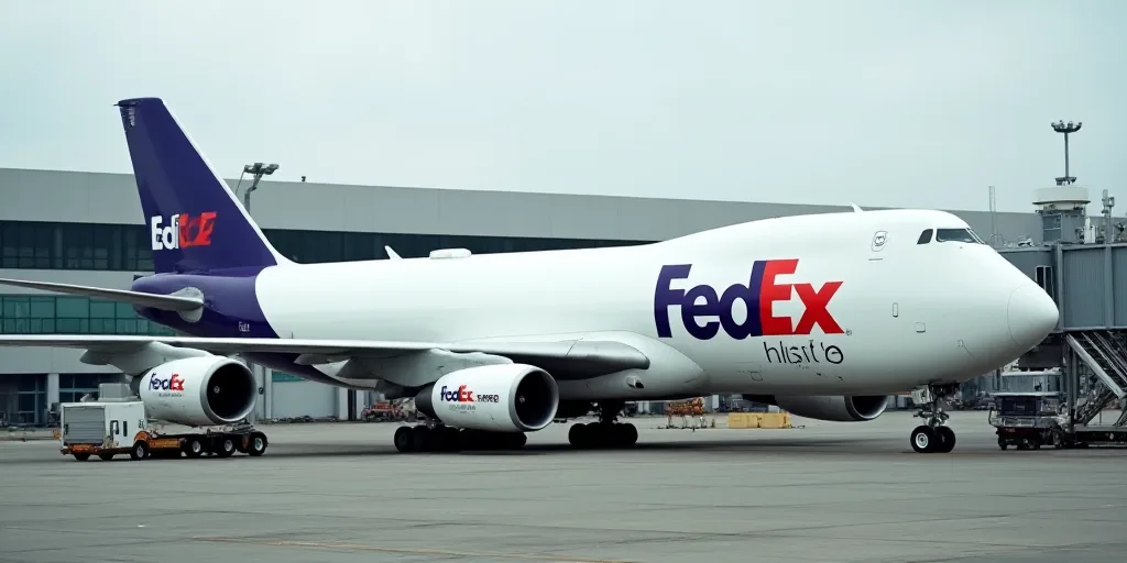 a fedex airplane parked at an airport terminal with a truck nearby on the tarmac and a building in t