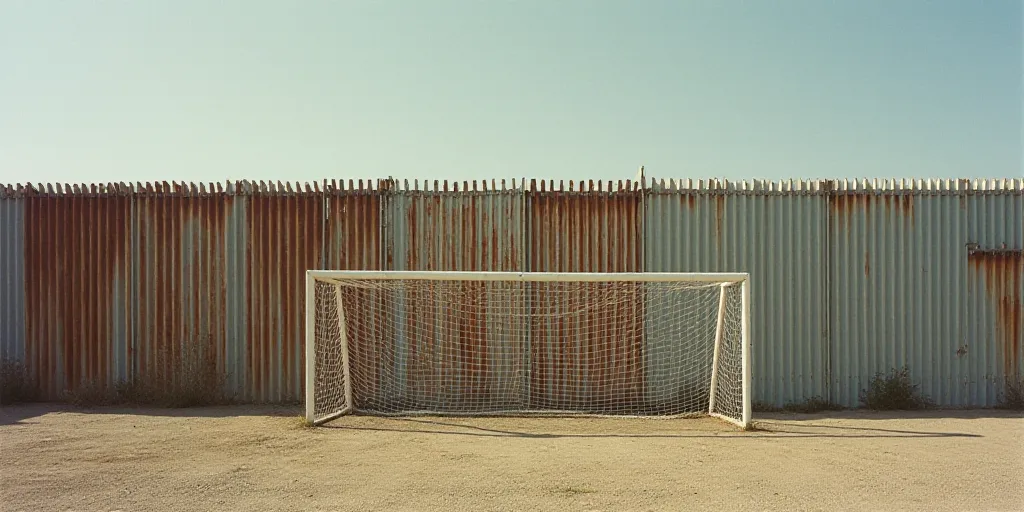 a fence and a soccer goal in front of a wall of rusted steel bars and a fence with a soccer goal in