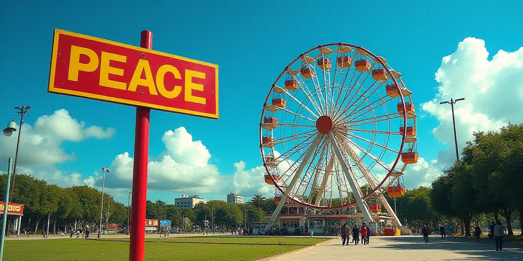 a ferris wheel and a sign that says peace in front of a park with a blue sky in the background, Fede