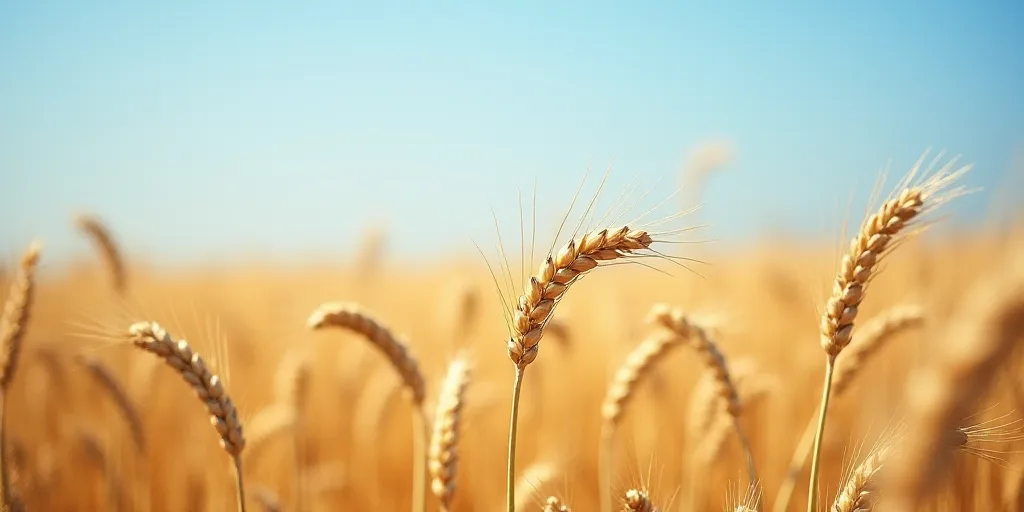 a field of wheat ready to be harvested in the fall or winter time, with a blue sky in the background