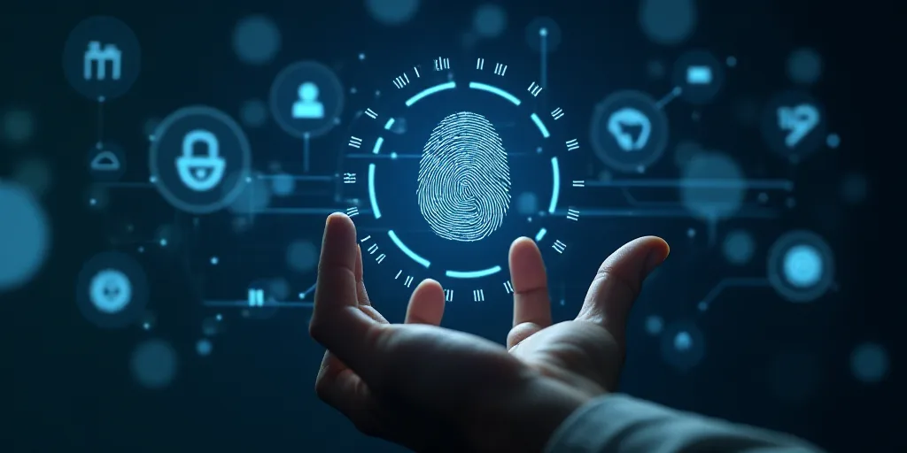 a fingerprint is being held up in front of a futuristic interface with icons and symbols on it,, And