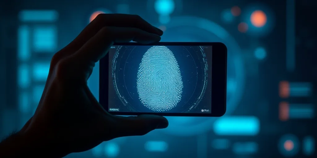 a fingerprint is being held up in front of a futuristic background with a fingerprint on it and a fi