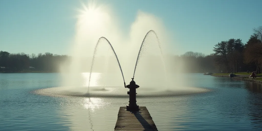 a fire hydrant spewing water out of a lake with a man sitting on a dock in the background, Andries S
