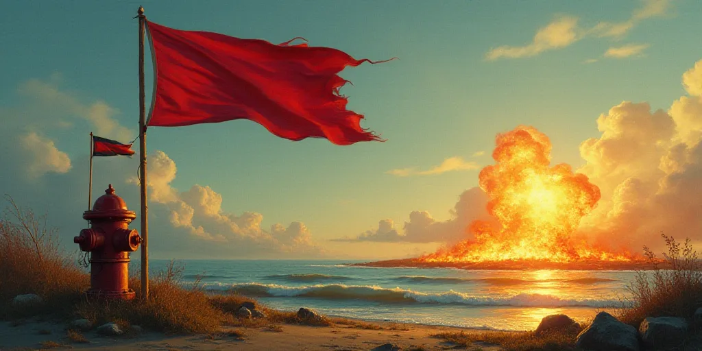 a flag blowing in the wind next to a fire hydrant with a flag on it and a flag on fire, Dahlov Ipcar
